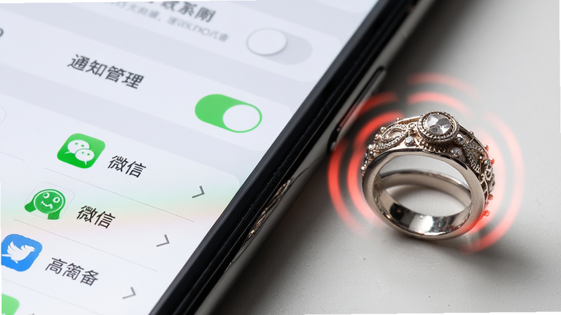 主体:手机设置页面中“通知管理”开关,下方列出微信、短信等应用选项。戒指在手机旁振动闪烁。风格:微距摄影,戒指细节清晰。布局:手机和戒指对角线摆放。画质:清晰,无多余元素。