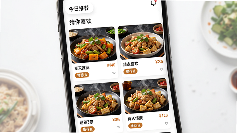 描述:手机屏幕显示Bijirim外卖推荐页面,主体为多张美食卡片排列,布局为两栏网格,每张卡片有菜品图片、名称、价格和推荐标签。风格为清新美食摄影风格,细节包括热气腾腾的菜肴,画质清晰,色彩诱人。文字标注“今日推荐”和“猜你喜欢”。