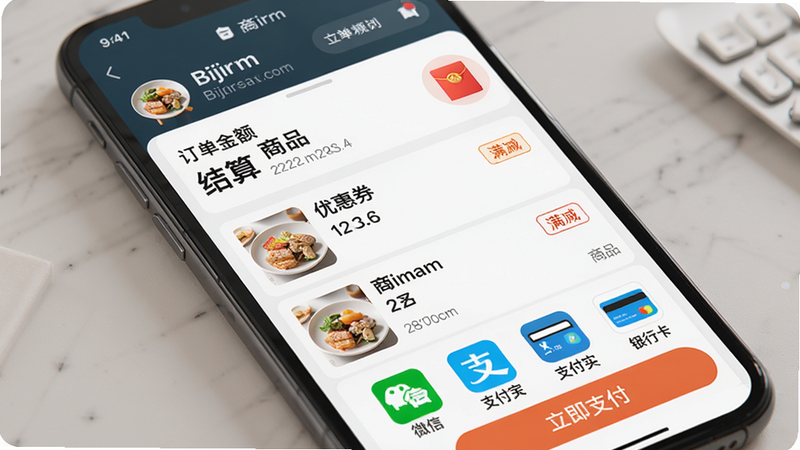 描述:手机屏幕显示Bijirim外卖支付结算页面,主体为订单金额、优惠券选择列表和支付按钮,布局清晰,上方为商家信息,中间为商品清单,下方为支付方式图标(微信、支付宝、银行卡)。风格为简洁商务,细节包括红包图标、满减标签,画质高清。文字“结算”和“立即支付”突出显示。