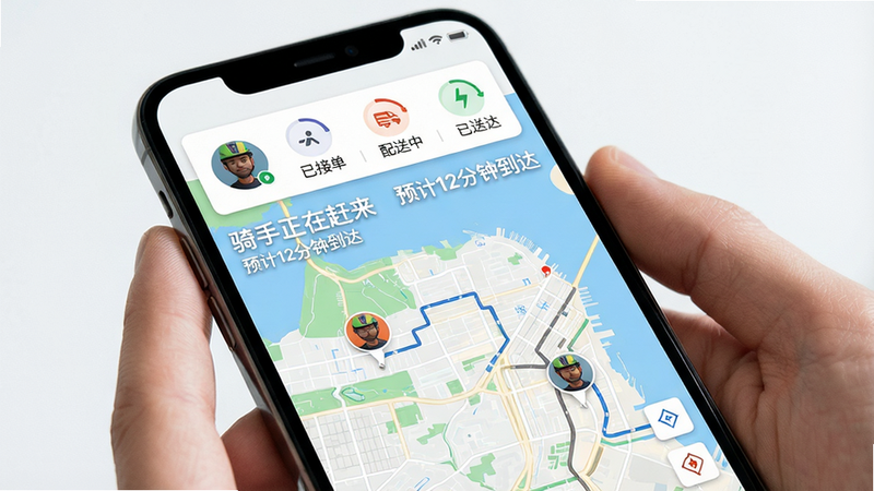 描述:手机屏幕显示Bijirim外卖订单追踪界面,主体为地图上显示骑手头像和移动轨迹,布局上方为订单状态信息(已接单、配送中、已送达),下方为地图。风格为现代UI,细节包括骑手头像、距离、时间,画质干净,无多余元素。文字显示“骑手正在赶来”和“预计12分钟到达”。
