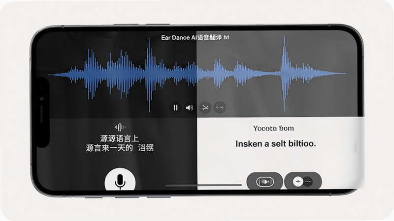 Ear Dance AI语音翻译功能演示,手机屏幕上显示语音识别波形图,下方有翻译结果,左侧源语言中文,右侧目标语言英文,底部有麦克风按钮和语言切换按钮,背景浅色,画面简洁,突出语音交互,高清画质,无多余元素