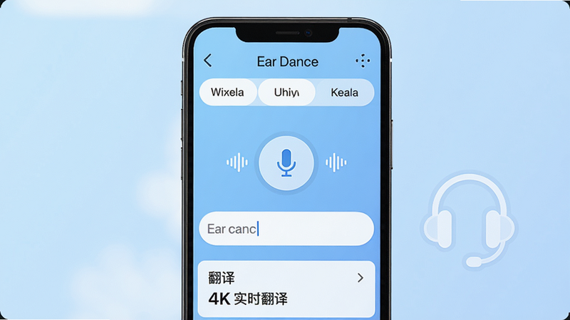 Ear Dance翻译软件主界面展示,手机屏幕上显示多种语言选项,中间有麦克风按钮和输入框,下方有翻译结果区域,背景为浅蓝色渐变,界面简洁现代,带有耳机图标和'实时翻译'字样,画面干净清晰,4K画质,无多余元素