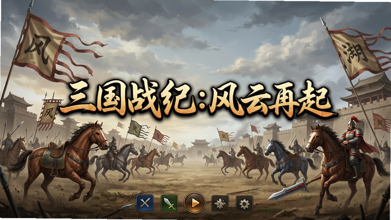 主体:游戏主界面,布局中央显示“三国战纪:风云再起”游戏标题,背景是三国战场场景,排版居中对称,风格中国风写实,细节有旗帜、战马,画质高清,干净无多余元素,文字“三国战纪:风云再起”
