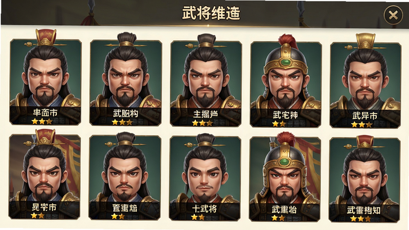主体:武将选择界面,展示多个三国角色头像,布局网格排列,排版整齐,风格Q版写实,细节有武将名字和星级,画质高清,干净无多余元素