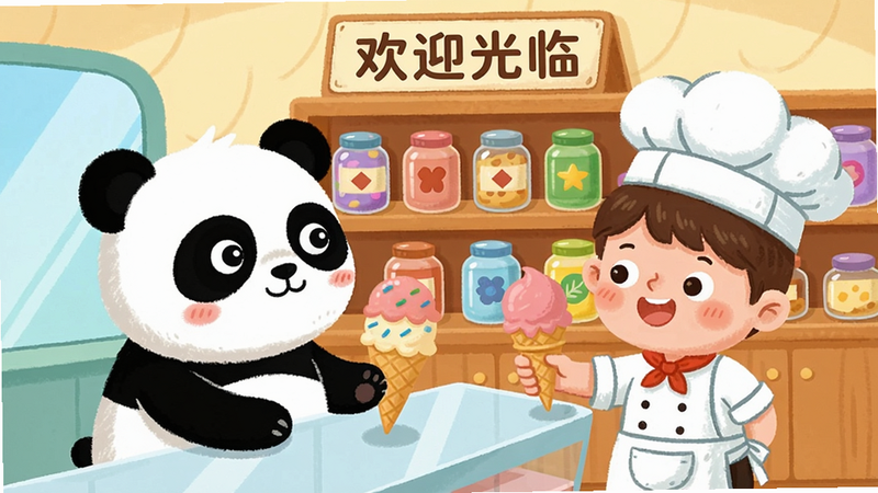 Baby Dessert Shop game scene with a cute panda customer ordering an ice cream, a child chef holding a cone, background bakery shelves with colorful jars, text 