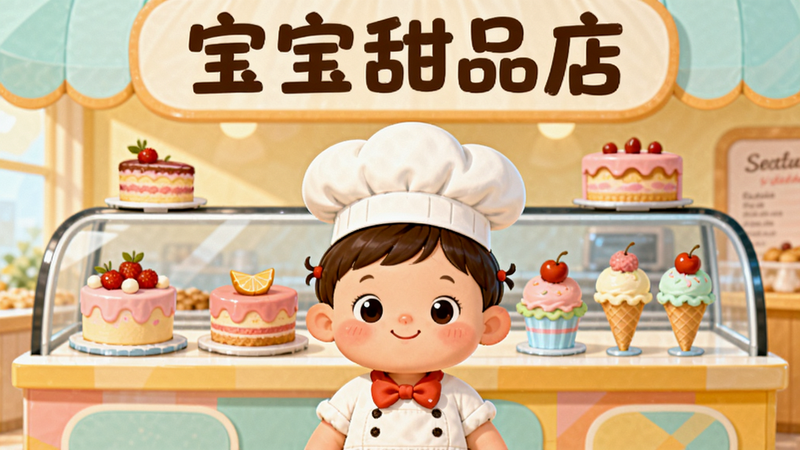 A cute cartoon toddler in chef hat stands in front of a bright bakery counter with colorful cakes and ice cream, text 