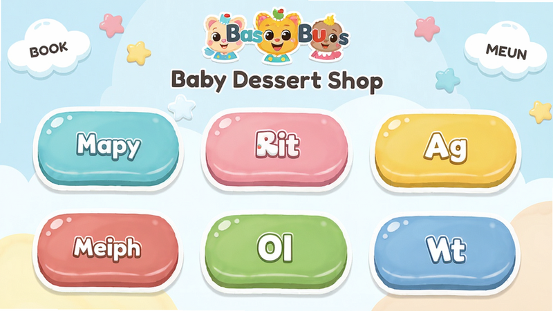 Baby Dessert Shop main menu with clean UI, no ads, large colorful buttons, baby bus logo at top, cheerful background, soft pastel colors, high quality, no clutter.