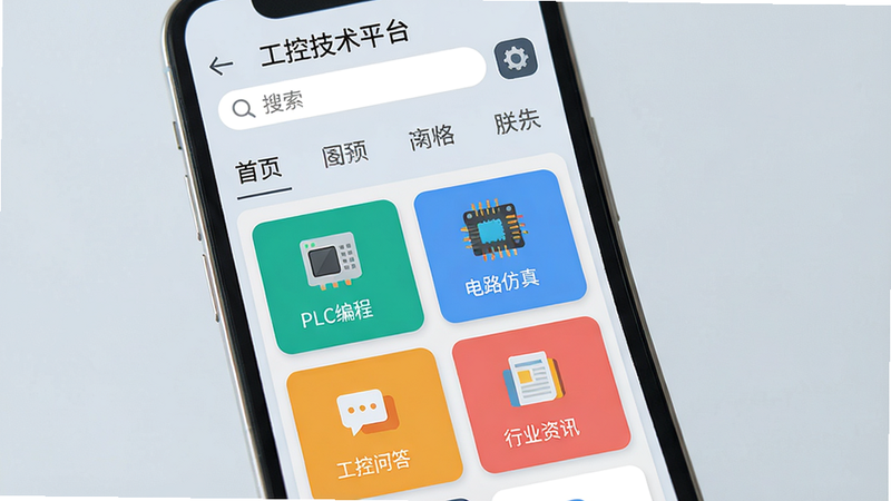主体为一部智能手机屏幕,显示“工控技术平台”首页界面,布局上方有搜索栏和导航标签,中部以卡片形式展示“PLC编程”、“电路仿真”、“工控问答”、“行业资讯”等模块,整体风格现代简约,背景为浅灰蓝色,图标采用扁平化设计且色彩鲜明,画质高清,干净无多余元素。