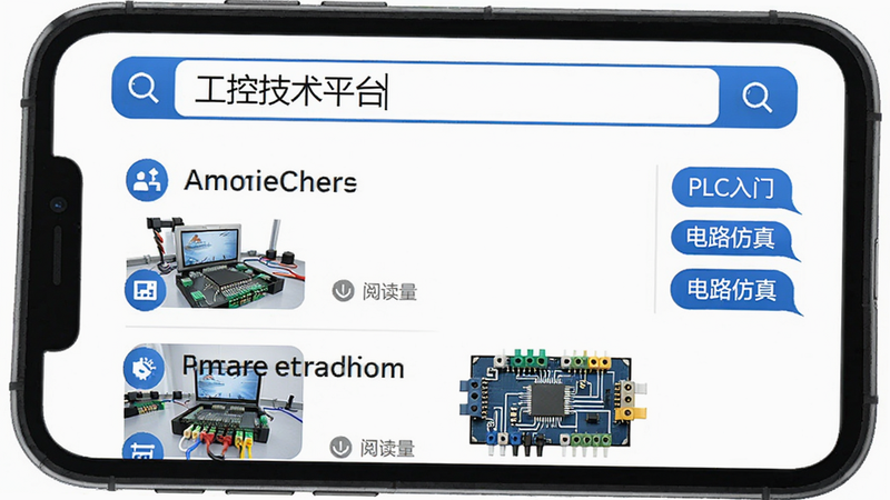 主体为手机屏幕展示资料库搜索页面,顶部搜索框内有“工控技术平台”字样,下方以列表形式显示教程标题和缩略图,右侧有热门标签如“PLC入门”、“电路仿真”,风格为白色背景搭配蓝色主色调,布局规整,细节包括缩略图图标和阅读量标注,画质清晰。