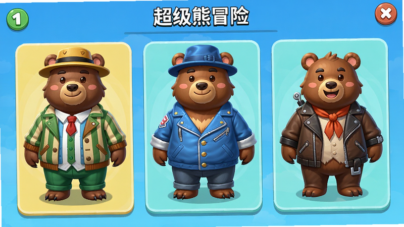 超级熊冒险角色皮肤选择界面,展示多个不同装扮的熊角色,排布整齐,UI界面简洁,明亮色彩,风格可爱,细节精致,画质清晰,无多余元素