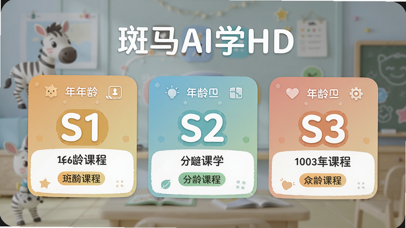 斑马AI学HD的分龄课程界面,显示S1、S2、S3三个级别的课程卡片,每个卡片上有对应年龄和课程名称,背景柔和,排版整齐,高清画质,带有“斑马AI学HD”文字
