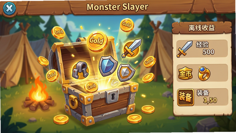 主体:《Monster Slayer》挂机收益界面,一个宝箱弹出大量金币和装备图标;布局:宝箱位于画面中央,金币和装备从宝箱中喷涌而出,背景是营地帐篷和篝火;排版:界面右侧显示“离线收益”面板,包括经验、金币、装备数量;风格:卡通幻想风,色彩明亮温暖,带有发光特效;细节:金币上有“Gold”字样,装备图标有剑、盾、戒指,火焰微微跳动;画质:高清,干净无多余元素。