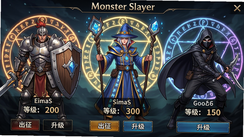 主体:《Monster Slayer》英雄选择界面,三位不同职业的英雄并排站立;布局:从左到右依次是战士(持盾)、法师(持法杖)、刺客(持双刃),背景是魔法阵图案;排版:每个英雄下方显示名字、等级和战力数值,底部有“出征”、“升级”按钮;风格:日式幻想风,线条细腻,色彩饱和;细节:战士铠甲有铆钉,法师长袍有符文闪烁,刺客斗篷随风飘动;画质:超清,干净无多余UI。