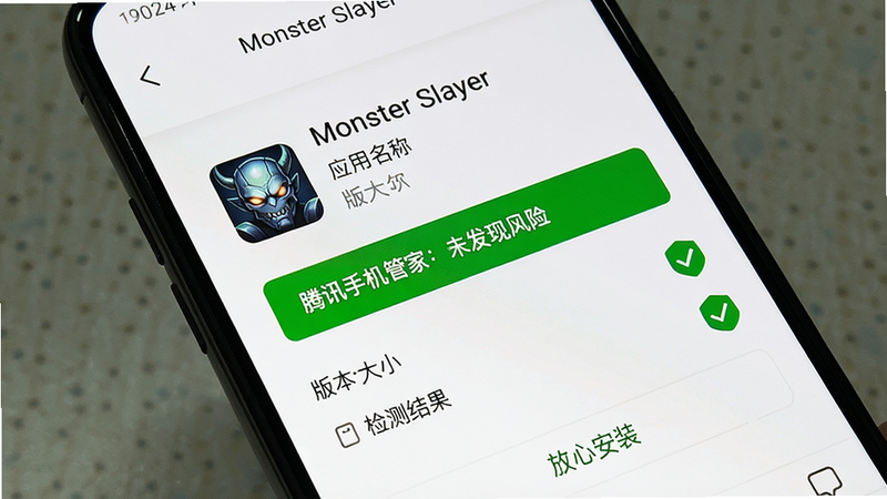 主体:《Monster Slayer》安全检测报告截图,手机屏幕显示“腾讯手机管家:未发现风险”绿色提示;布局:报告页面包含应用名称、版本、大小、检测结果,背景是白色;风格:手机截图风格,简洁清晰;细节:结果项打绿色对勾,底部有“放心安装”字样;画质:高清,干净无多余元素。