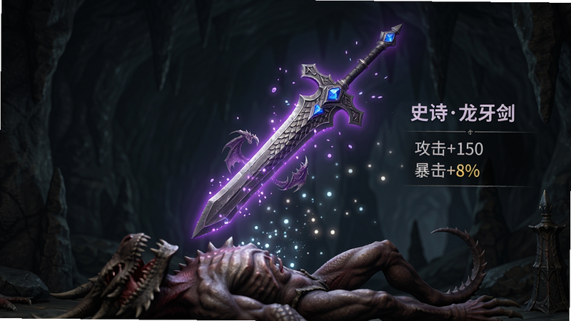 主体:《Monster Slayer》装备掉落动画,一把散发紫光的传说级长剑从怪物尸体上升起;布局:长剑悬浮在画面中央,怪物尸体在下方消散成光点,背景是洞穴墙壁;排版:长剑旁边有“史诗龙牙剑”名称和属性面板(攻击+150,暴击+8%);风格:写实暗黑风,金属质感强烈;细节:剑身有龙鳞纹理,剑柄镶嵌蓝宝石,光效呈粒子状;画质:4K,干净无多余元素。