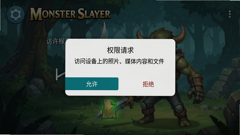 主体:《Monster Slayer》安装与权限设置界面截图,手机屏幕上显示“允许存储权限”弹窗;布局:弹窗位于屏幕中央,下方有“允许”和“拒绝”按钮,背景是游戏启动画面;风格:写实手机截图风格,干净简洁;细节:弹窗标题为“权限请求”,内容包含“访问设备上的照片、媒体内容和文件”;画质:高清,无多余UI。