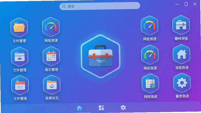 主体:蓝河工具箱主界面截图;布局:居中显示,背景为渐变色,中央有一个六边形图标,图标内显示工具箱图案,周围环绕各种功能模块图标;排版:模块以网格排列,每个模块下方有中文名称如“文件管理”“网络测速”;风格:扁平化UI,色彩明亮,蓝紫色调;细节:图标边缘有微光效,界面顶部有搜索栏,底部有导航栏;画质:高清,干净,无多余元素