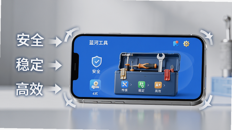 主体:蓝河工具箱使用场景图;布局:手机屏幕占据画面中央,屏幕内显示工具箱主界面,手机周围有操作提示箭头和文字标注;排版:手机横屏展示,左侧列出“安全”“稳定”“高效”三个关键词;风格:写实渲染,光影柔和;细节:手机边框有金属光泽,屏幕内容清晰显示功能图标;画质:4K,干净,无多余元素