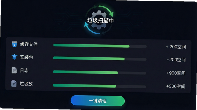 主体:蓝河工具箱清理功能扫描结果界面;布局:顶部显示“垃圾扫描中”动画,底部为分类垃圾列表(缓存文件、安装包、日志等),每个分类右侧显示可清理空间大小;排版:列表带进度条,绿色渐变;风格:简洁科技感,深色模式背景;细节:扫描动画为圆形齿轮旋转,底部有“一键清理”按钮;画质:高清,无多余元素