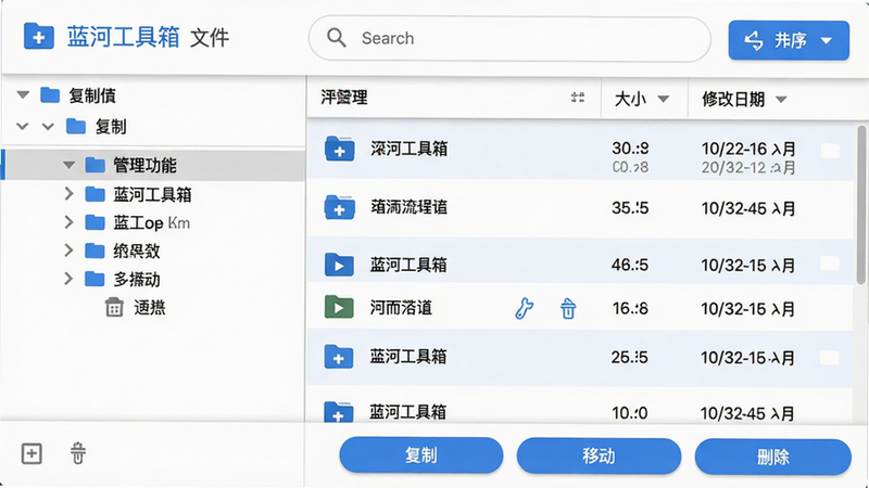 主体:蓝河工具箱文件管理功能界面;布局:左侧文件夹树,右侧文件列表,顶部有搜索框和排序按钮;排版:列表视图,文件名、大小、修改日期三列对齐;风格:Material Design风格,白色背景,蓝色主题色;细节:每个文件旁有类型图标,长按可多选,底部工具栏显示“复制”“移动”“删除”按钮;画质:干净,无多余元素,文字清晰