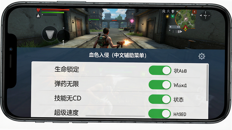 主体为手机屏幕显示“血色入侵(中文辅助菜单)”的全中文菜单面板,包含“生命锁定”“弹药无限”“技能无CD”“超级速度”等开关选项,每个开关右侧有中文状态标签。布局:菜单占满屏幕下半部分,上半部分为游戏实时画面。风格:扁平化UI与游戏写实结合,色彩鲜明。细节:开关按钮为滑动样式,带绿色开启状态。画质:细腻干净,无多余元素。