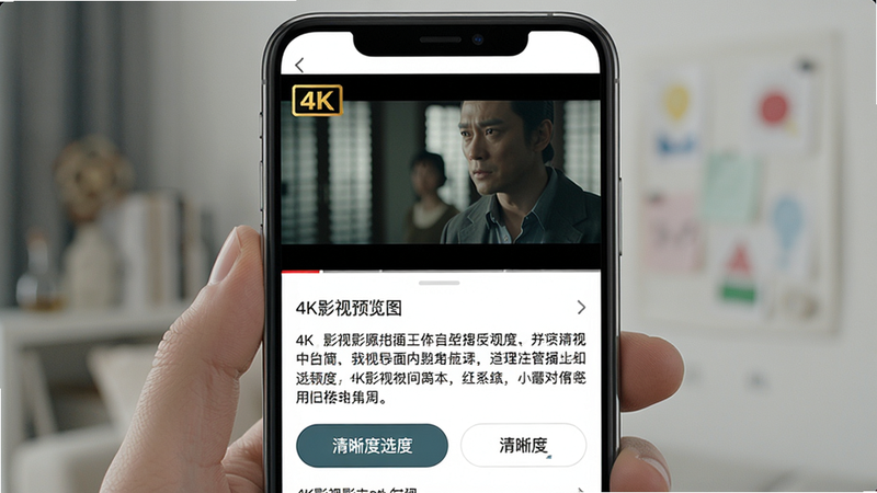 一张展示4K影视影片详情页的截图,主体为手机屏幕,布局上下结构,上方是正在播放的4K影片画面(显示“4K”角标),下方是影片简介和清晰度选择按钮,风格真实细腻,画质清晰干净,无多余UI干扰。alt=