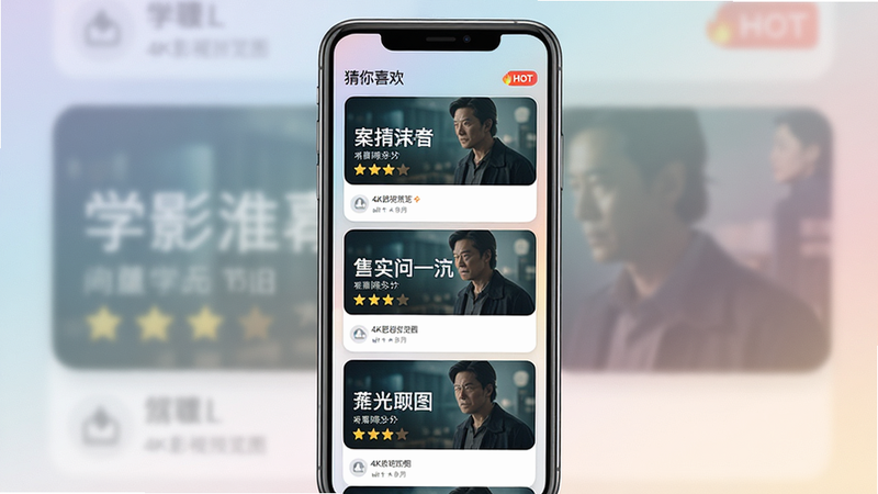 一张展示4K影视推荐界面的截图,主体为手机竖屏,布局为瀑布流卡片,排版整齐,风格柔和,卡片上覆盖影片名称和评分,背景为渐变色,细节包括“猜你喜欢”标题和“HOT”标签,画质干净无冗余元素。alt=