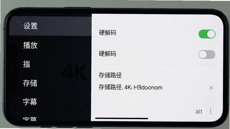 一张展示4K影视设置界面的截图,主体为手机竖屏,布局分栏,左侧为设置菜单项(播放、存储、字幕等),右侧为具体选项,风格简洁,字体清晰,背景为纯白,细节包括“硬解码”开关和“存储路径”选择,画质高清干净无多余元素。alt=