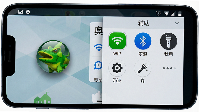 主体:奥尼罗(辅助菜单)在手机上显示的悬浮球和快捷面板同时出现,布局:左侧悬浮球,右侧面板滑出,排版:面板内包含WiFi、蓝牙、手电筒等图标,风格:真实安卓UI,细节:手机屏幕上方显示状态栏,画质:高清,干净无多余元素