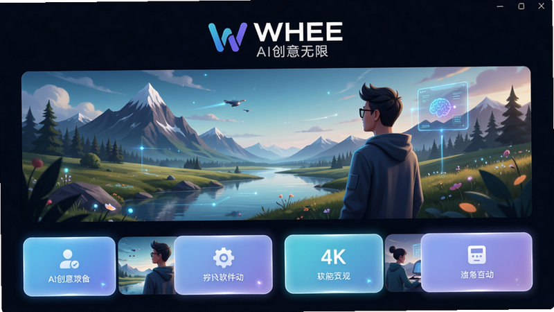 主体:WHEE软件启动界面,中心显示AI生成的风景与人物混搭图,布局:上下结构,上方logo和标语“AI创意无限”,下方为功能入口卡片,排版:对称整齐,风格:科技感扁平化,细节:卡片有微光效,画质:4K高清,干净无多余元素。