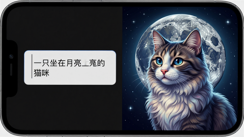 主体:手机屏幕显示文生图过程,左侧输入框内文字“一只坐在月亮上的猫咪”,右侧生成图片,布局:左右分屏,排版:简洁,风格:梦幻插画风,细节:猫咪毛发清晰,月亮有环形山纹理,画质:超清,干净无多余元素。