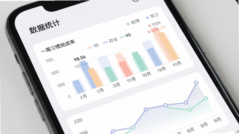 手机屏幕显示拾常的数据统计页面,包含柱状图和折线图,展示一周的习惯完成率,图表颜色柔和,布局居中,风格现代简约,画质高清,干净无多余元素,界面中有“数据统计”字样。