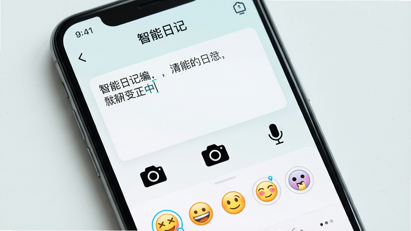 一张手机屏幕显示拾常的智能日记编辑界面,包含文字输入框、相机图标、麦克风图标,以及情绪选择表情,布局简洁,风格清新,画质高清,干净无多余元素,界面中有“智能日记”字样。