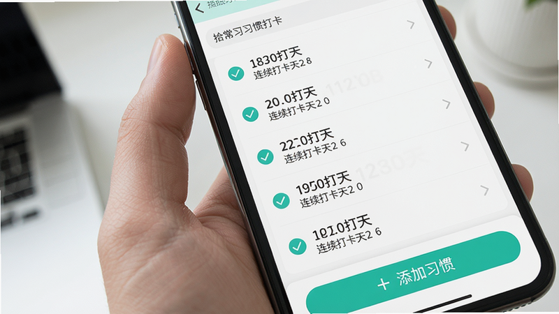 手机屏幕显示拾常的习惯打卡界面,列表中有多个习惯条目,每个条目前有打勾图标,显示连续打卡天数,界面底部有“+添加习惯”按钮,布局整齐,风格清新,画质高清,干净无多余元素。