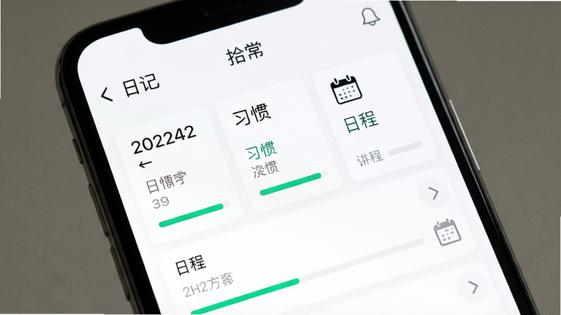 一张手机屏幕显示拾常应用主界面,界面包含“日记”“习惯”“日程”三个主要模块,布局整齐,排版清晰,风格扁平化,背景白色,细节上显示日期和进度条,画质高清,干净无多余元素,界面中有“拾常”字样。