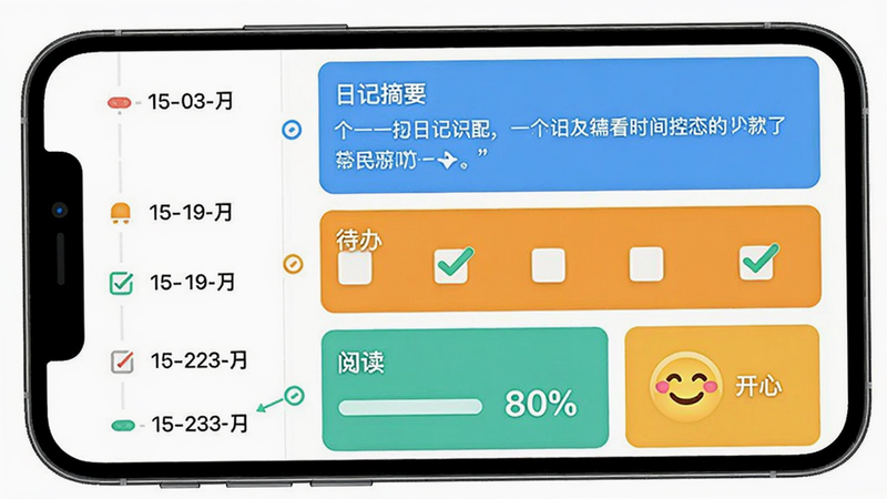 拾常App时间轴预览图,手机竖屏显示,左侧有日期列表,右侧依次排列不同颜色的记录卡片:一篇日记摘要、三个待办勾选、一个“阅读”习惯进度条(80%)、一个笑脸表情(开心),整体排版整齐,色彩明快,画质高清,无多余元素。
