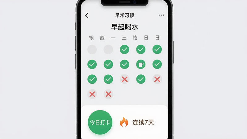 拾常习惯打卡界面,手机居中,背景浅灰,显示“早起喝水”习惯的连续打卡日历,绿色勾号表示已打卡,红色叉号表示未完成,底部有“今日打卡”圆形按钮,旁边显示火焰图标和“连续7天”字样,界面干净,文字清晰。