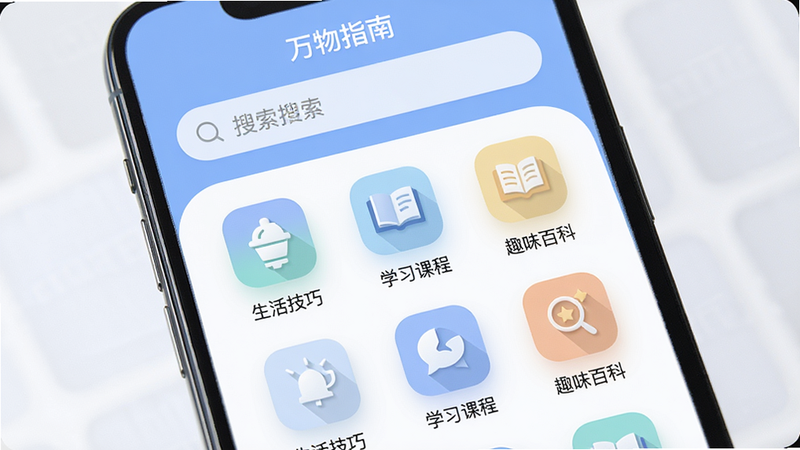主体:一部智能手机屏幕显示“万物指南”App界面,界面布局整洁,顶部搜索框,下方分类图标如“生活技巧”“学习课程”“趣味百科”,风格扁平化,色彩柔和以蓝色为主调,细节包括图标阴影和圆角,画质高清,干净无多余元素。