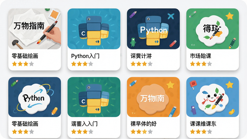 主体:一张“万物指南”课程列表截图,布局为网格排列,每个课程卡片包含封面图、标题和评分,风格简洁现代,细节如卡片阴影、圆角,色彩明亮,画质高清,文字“零基础绘画”“Python入门”等清晰可见,干净无多余元素。