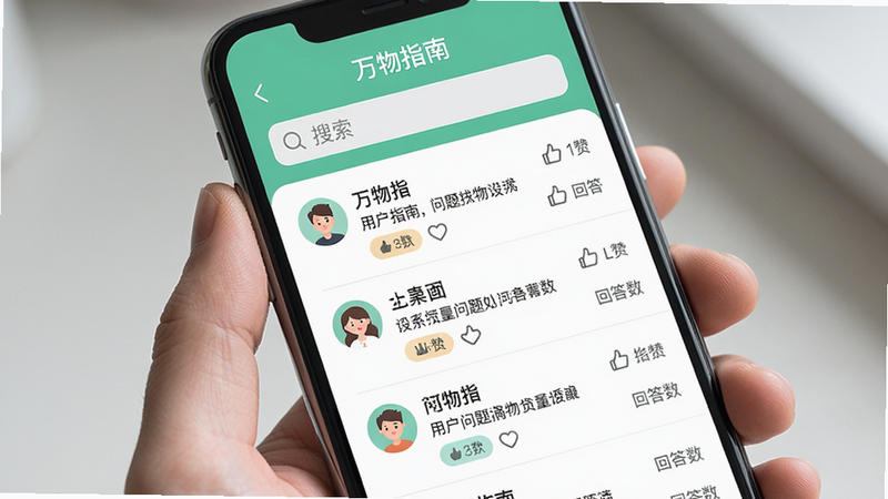 主体:手机屏幕上显示“万物指南”问答界面,顶部是搜索框,下方有用户提问列表,布局为线性排列,每条包含头像、用户名、问题摘要和回答数,风格清新,细节包括点赞按钮和标签,画质高清,干净无多余元素。