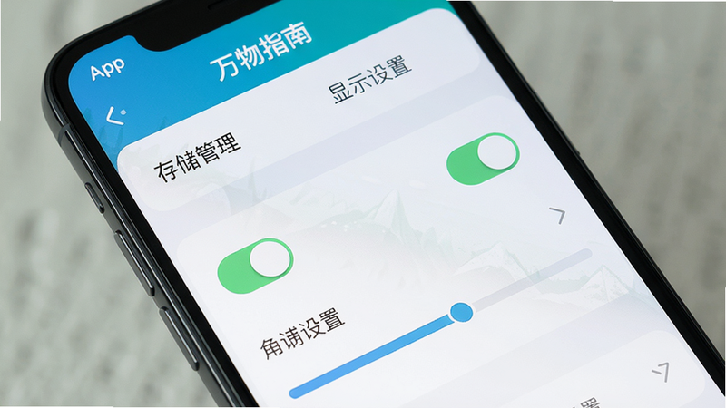 主体:一张手机屏幕显示“万物指南”App的设置页面,顶部有“存储管理”“显示设置”等选项,布局清晰,风格扁平,细节包括开关按钮和进度条,画质高清,干净无多余元素。