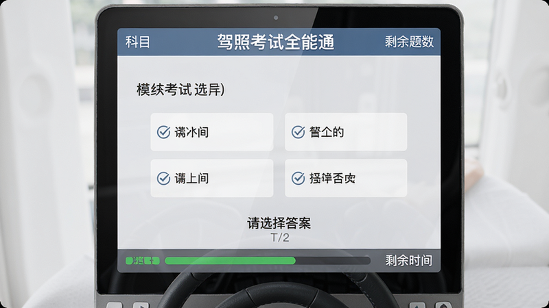 主体为“驾照考试全能通”模拟考试界面截图,中间显示一道选择题,四个选项排列整齐,底部有进度条和剩余时间;布局仿真实考机界面,顶部有科目标题和剩余题数,风格写实,背景浅灰;细节上突出“请选择答案”提示,画质干净无多余元素。