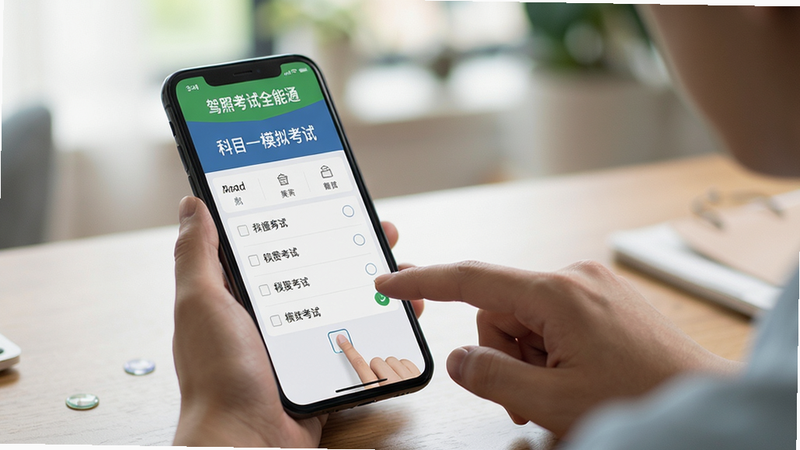 主体为一位学员正在手机上使用“驾照考试全能通”刷题的场景,手机屏幕显示模拟考试界面,学员手指点击选项;布局采用平视视角,手机放在桌面,背景模糊处理突出手机内容;风格偏写实,光线柔和;细节上手机屏幕清晰显示“科目一 模拟考试”字样,画质干净无多余元素。