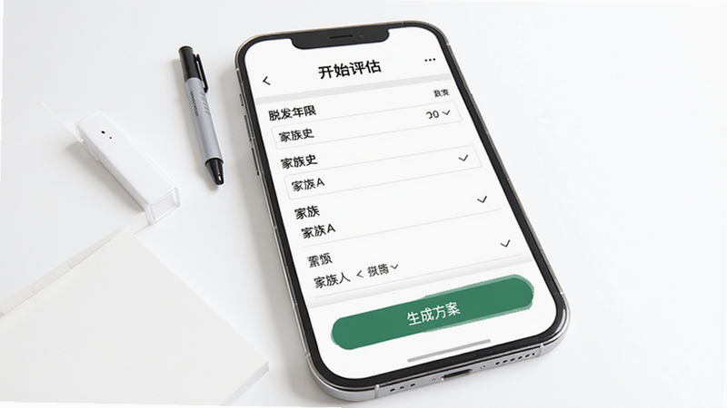 i黑密APP生发方案制定界面,主体为手机屏幕显示问卷表单,包括“脱发年限”“家族史”等选项,底部“生成方案”按钮突出。背景为白色,排版纵向顺序,风格清新简洁。画质清晰,文字内容为“开始评估”,无多余元素