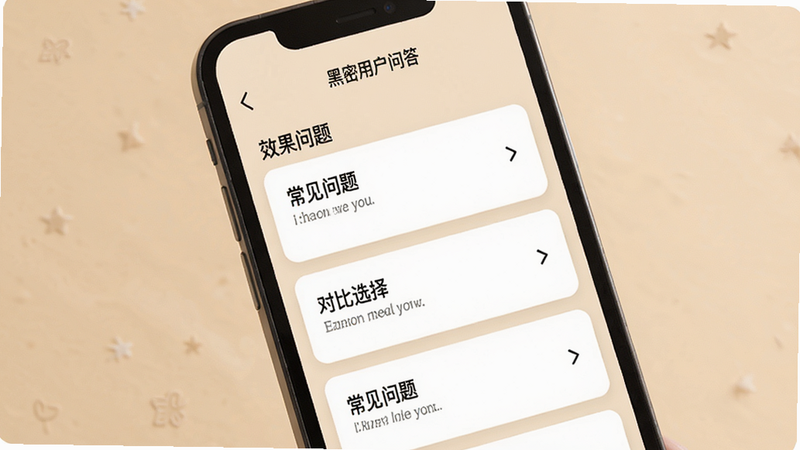 i黑密用户问答界面,主体为手机屏幕显示问答列表,有“效果问题”“对比选择”等标题,背景为柔和米色,排版列表形式,每个问答用白色卡片分隔。风格温馨实用,画质清晰,文字内容“常见问题”,无多余元素