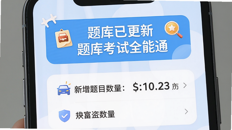 主体:手机屏幕显示题库更新通知,布局:顶部有