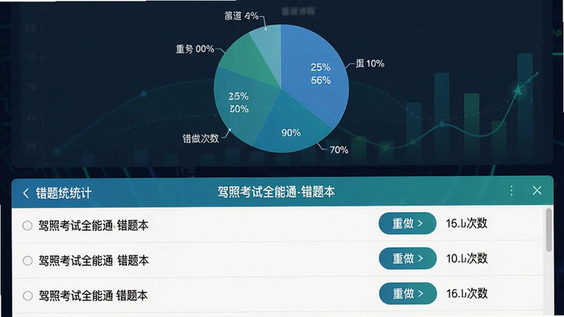 主体:错题本界面截图,布局:上半部分显示错题统计图(饼图),下半部分错题列表,排版:图表+列表,风格:数据可视化风格,蓝绿色系,细节:图表有百分比标注,列表每行有