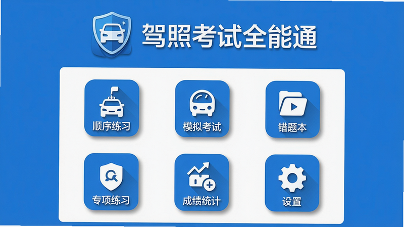 主体:驾照考试全能通软件主界面截图,布局:居中显示,上方是软件logo和文字