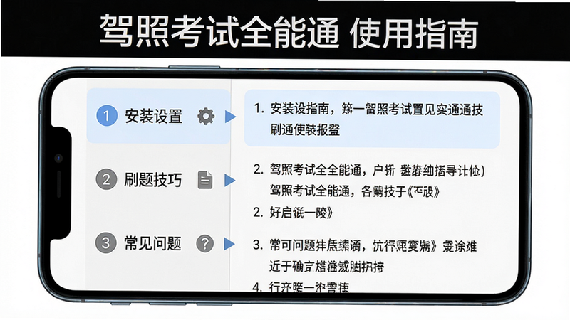 主体:手机屏幕上显示使用指南界面,布局:左侧是目录列表如“安装设置”、“刷题技巧”、“常见问题”,右侧是选中条目的详细内容,排版:分栏式,风格:简洁教程风,细节:有步骤编号和箭头指示,画质高清,图片中文字
