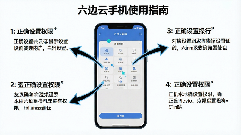 六边云手机使用指南截图,主体展示手机界面操作步骤,布局分步讲解,风格清晰教程风,细节有箭头指示,画质高,干净无多余元素,文字标注
